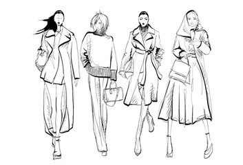 Beautiful young girl in stylish clothes. Fashion woman look. Sale concept. Hand-drawn fashion illustration. Cute girl in fashion clothes. 