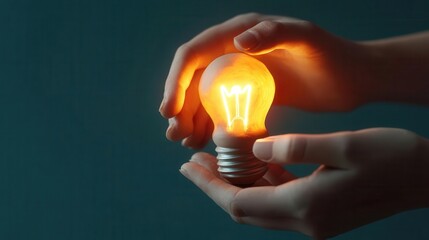 Hands crafting a glowing lightbulb out of clay, symbolizing molding creative ideas, idea creation, hands-on business innovation