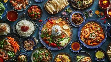 A vibrant spread of international dishes showcasing diverse cuisines from Asia, Europe, and the Americas, featuring colorful and unique ingredients.