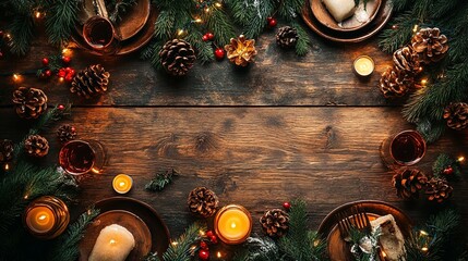 Rustic Christmas Table Setting with Pine Branches, Candles, and Wine Glasses