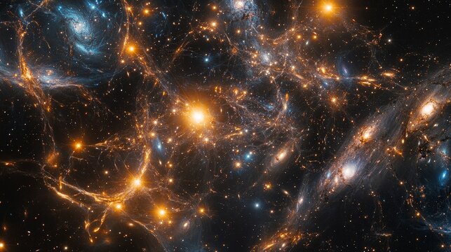 A view of deep space with a network of glowing stars and distant galaxies, highlighting the intricate web of cosmic structures and celestial objects.
