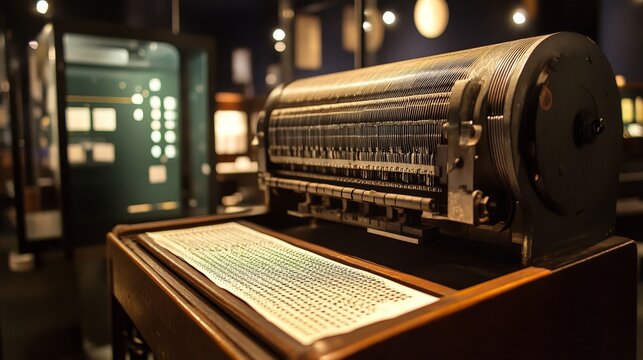 A vintage computing device with a punched card system and large paper rolls, representing early data processing technology from the mid-20th century.