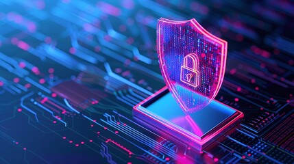 A digital shield icon representing cybersecurity and data protection, illuminated with vibrant colors against a circuit board background.
