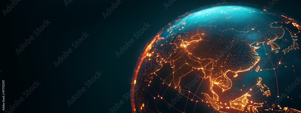 Poster illuminated globe with focus on asia and connecting lines