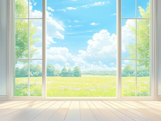 Fototapeta premium Large window overlooking a flower filled meadow on a sunny day