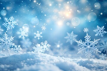 Delicate white snowflakes gently fall against a soft, blurred blue background, creating a serene winter scene. The snow-covered landscape adds a peaceful, seasonal ambiance.