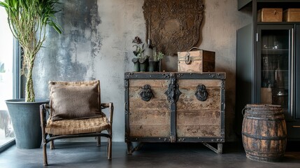 A vintage wooden chest with metal accents and a rich patina, used as a decorative piece in a stylish interior, highlighting its historical charm.