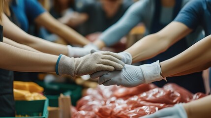 United in Purpose: Group of Volunteers Working at a Community Charity Donation Center, Demonstrating Unity and Teamwork Through a Powerful Hand Stacking Gesture