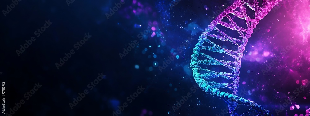 Poster a double helix dna structure illuminated in neon blue and pink