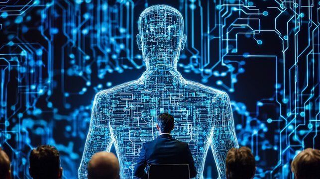 A tech entrepreneur giving a presentation in front of a holographic audience camera Canon EOS 5D Mark IV lens 50mm f/1.2