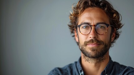 Obraz premium A thoughtful man with curly hair and glasses gazes confidently at the camera in a modern indoor setting. Generative AI