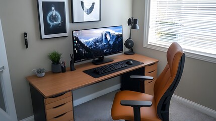 Serene Home Office Setup with Desktop Computer and Neutral Tones 