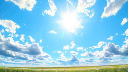 Fototapeta premium Idyllic landscape painting of a sunny day with white clouds, perfect blue sky and a field of daisies