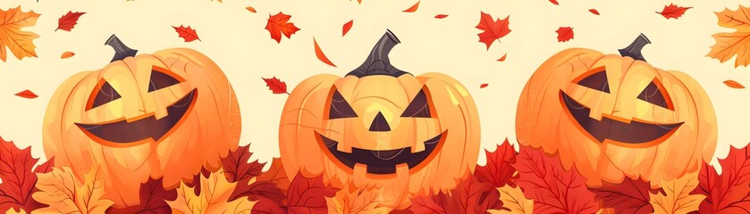 Fototapeta premium Festive Halloween scene with smiling jack-o'-lanterns surrounded by colorful autumn leaves, ideal for seasonal celebrations.