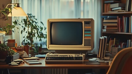 An old-school computer with a bulky CRT monitor and floppy disks, set in a nostalgic workspace from the early days of personal computing.