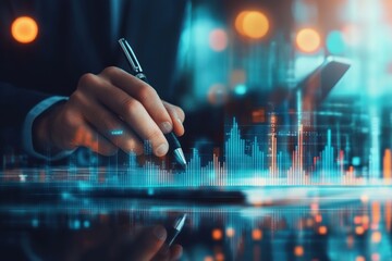 Financial Analysis: Businessman using a stylus on tablet with data visualization.