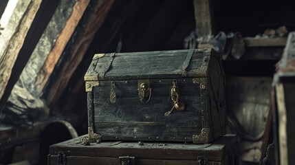 A weathered, antique chest in a hidden attic, filled with mysterious trinkets and forgotten treasures