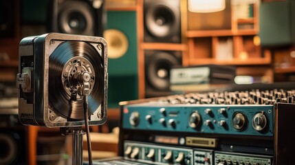 Fototapeta premium An old-school reel-to-reel audio tape recorder with spools and a vintage microphone, set in a classic recording studio environment, showcasing early audio tech.