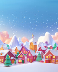 3d magic town ready for Christmas. Giant snowbanks. Bright blue sky with snowflakes. Vertical layout. Holiday theme