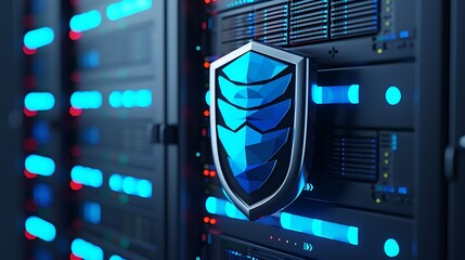 A digital shield symbolizes cybersecurity, protecting data in a server room illuminated by blue lights.