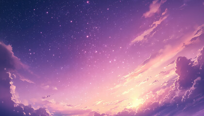 Fototapeta premium Fantasy anime style digital painting of a pink and purple sky with clouds