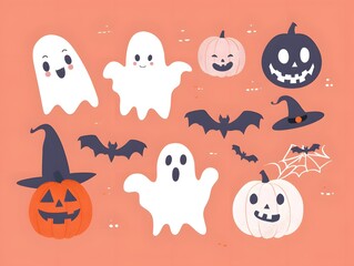 Playful Halloween illustrations featuring ghosts, pumpkins, bats, and a witch's hat on a vibrant background.