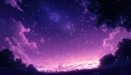 Purple sky with stars appearing as the sun sets below the horizon