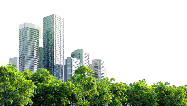 Modern skyscrapers behind lush trees