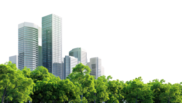 Modern skyscrapers behind lush trees