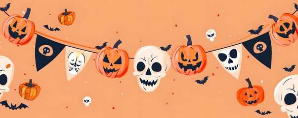 Spooky Halloween decorations featuring pumpkins, skulls, and bats. Perfect for festive events and seasonal themes.