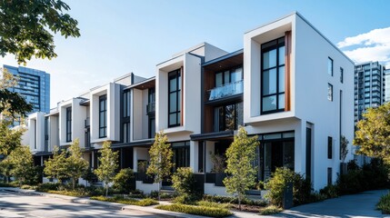 A row of contemporary white townhouses with a focus on architectural symmetry, framed by the surrounding urban cityscape
