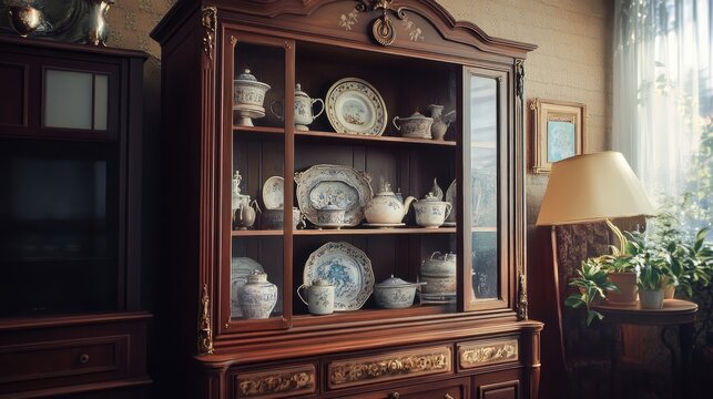 An elegant antique cabinet displaying fine china and collectibles in a warm setting