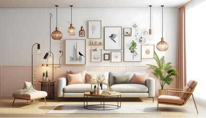 Living Room Design with a Chic Sofa, Soft Pillows, Coffee Table, and Thoughtful Personal Accents. A Cozy and Stylish Apartment Interior for Modern Home Décor. Ai Art