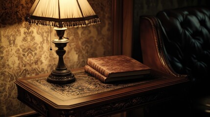 An intricately carved Baroque side table made from dark walnut wood, showcasing delicate inlay work, positioned beside a vintage lamp and an old leather-bound book