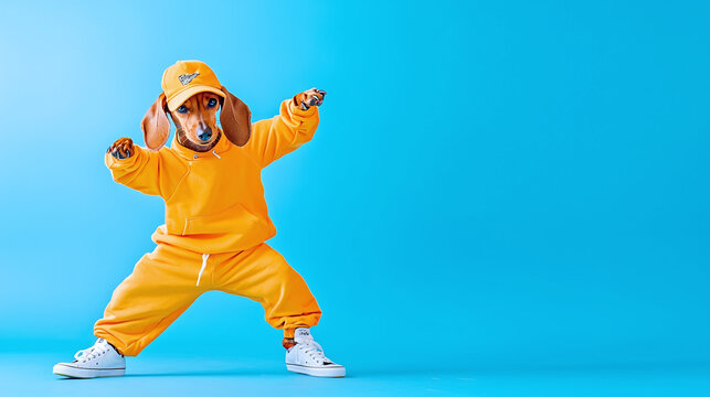 a cool funny dachshund in a breakdancing pose, wearing a tracksuit and sneakers
