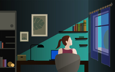 Young woman sitting at desk with computer in dark room, flat design illustration, Flat vector,  Working process