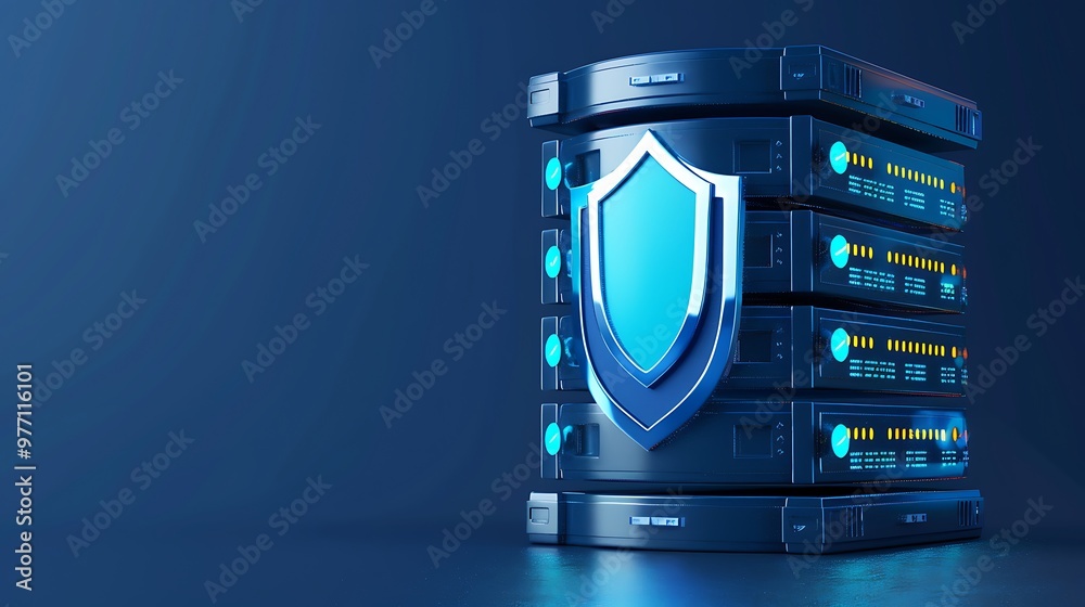 Poster a futuristic data server with a shield symbol, representing cybersecurity and data protection in a d