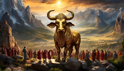 Worship Golden Calf – A symbolic representation of the ancient event featuring a golden calf idol, surrounded by figures in adoration, evoking themes of faith, idolatry, and devotion with histo