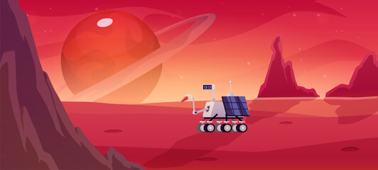Vector illustration of a red planet with mountains and a robot explorer. © sabelskaya