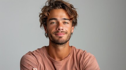 Fototapeta premium A young man with tousled hair smiles confidently in a casual setting, showcasing a warm personality during daylight. Generative AI