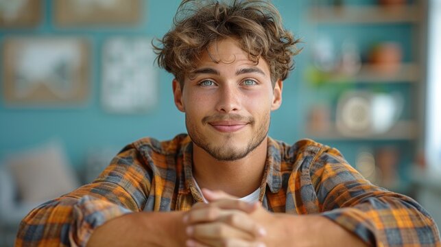 A young man with curly hair smiles warmly, sitting comfortably in a cozy room with colorful decor during the afternoon. Generative AI - Powered by Adobe