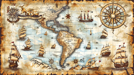 Fototapeta premium Vector illustration of a vintage map of the Caribbean Sea on worn parchment, featuring ships, islands, land, wind rose, and cardinal points, with a fantasy world