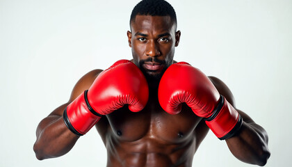 A heavyweight African American boxer poses confidently with red gloves against a white background, highlighting strength and focus.






