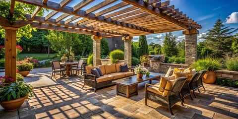 A stone deck, punctuated by rustic wooden seats, provides the perfect backdrop for a pergola that shrouds the
