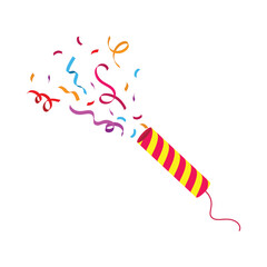 Confetti popper, party popper, shooting out colorful confetti ribbons.