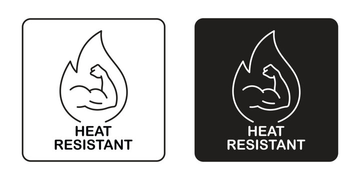 "Heat resistant" icon with a flexed arm inside a flame outline, available in black-and-white designs.