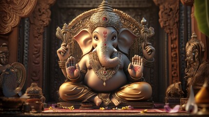 Fototapeta premium Ganesh in a 3D cartoon style with realistic shading and textures, surrounded by artistic symbols of wisdom and prosperity.