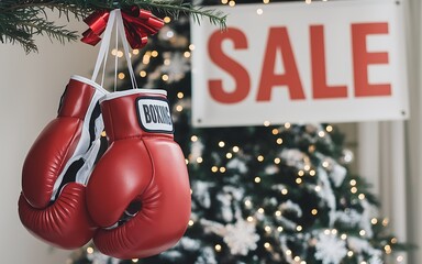 Generative-AI, Boxing Day with Red Boxing Gloves Hanging from Gift Ribbon and Festive Sale Banners