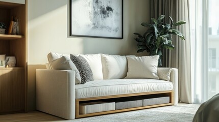 Compact sofa with storage underneath, set against a backdrop of neutral tones in a small living room