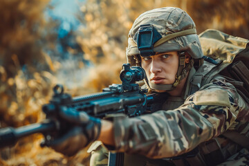 Fototapeta premium soldier in modern combat gear combat uniform in camouflage colors with large machine gun, protective clothing and helmet, war with modern equipment